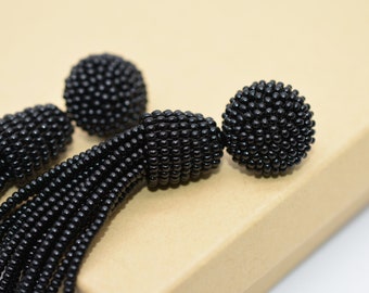 Black Earrings tassel-drop, Bead-embellished, choose LENGTH and FASTENING: Studs or Clip ons, Beaded earrings, Long Black earrings, unique