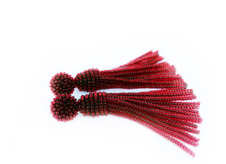 Dangle drop tassel earrings Oscar de la Renta style sterling SILVER stud earrings Dark RED beaded tassel Earrings Clip-on earrings