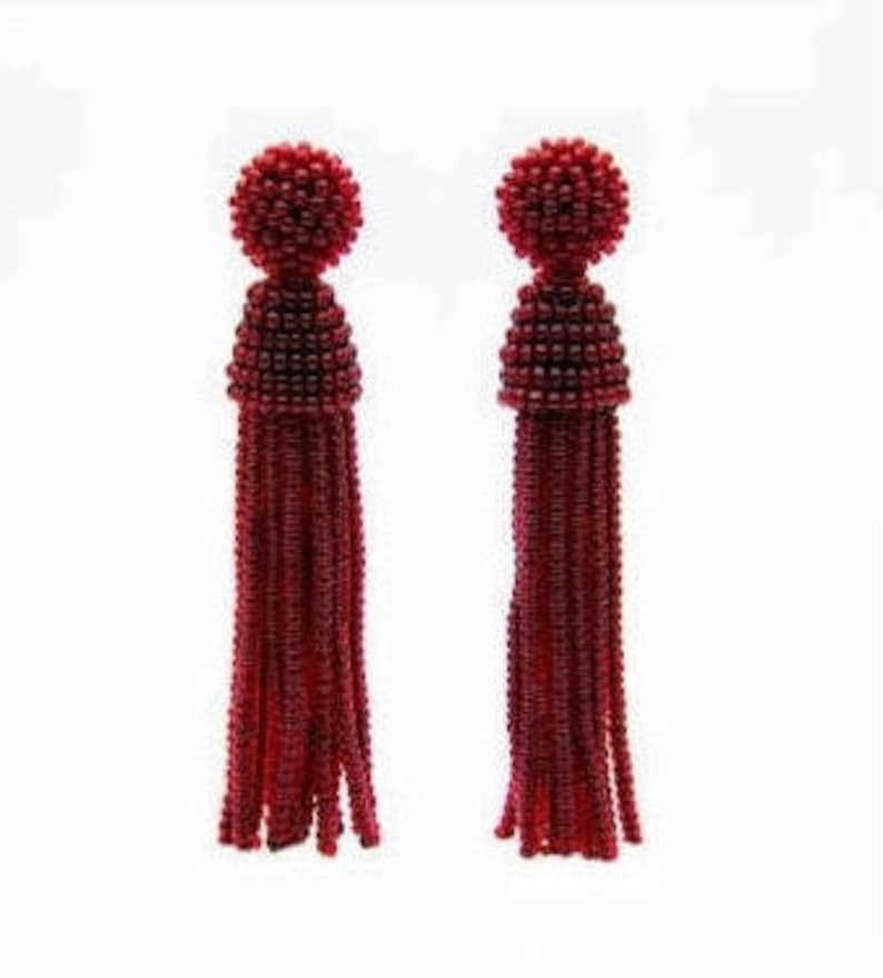 Dangle drop tassel earrings Oscar de la Renta style sterling SILVER stud earrings Dark RED beaded tassel Earrings Clip-on earrings