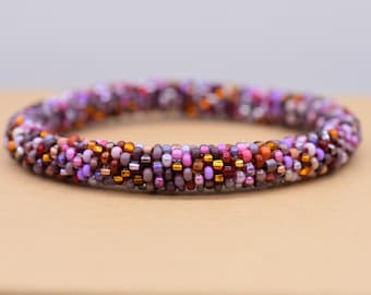 Purple Brown Bracelet, violet, gold Bangle, Bright bangle, ALL SIZES bangle, Handmade bead crochet bracelet, Nepal style bangle, Small beads