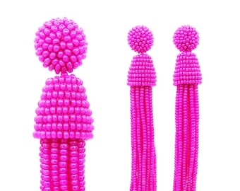 Neon pink tassel Earrings Oscar de la Renta style, Clip-on/Studs long earrings, ALL LENGTH, Dangle drop earrings, long pink MAGENTA earrings