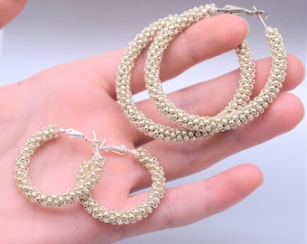Silver Big Ring Earrings, hoop earrings, Handmade earrings of seed beads, Beaded Massive earrings, Circle earrings, silver big earrings