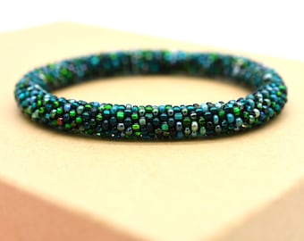Dark Green Bracelet jewelry, dark Green bangle crochet of beads mix, All SIZES, Handmade bracelet, Nepal style bracelet without clasp