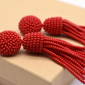 RED Earrings long tassel. choose LENGTH and FASTENING: Studs or Clip ons, Beaded earrings, Dangle drop earrings Oscar de la Renta style