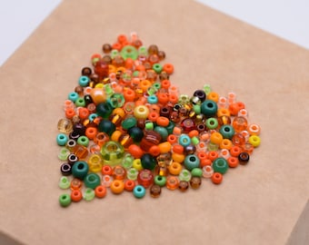 Orange Green seed beads mix 40 gr. Czech seed beads Preciosa 3-8 mm, Green orange beading jewelry supplies, glass beads mix, jewelry making