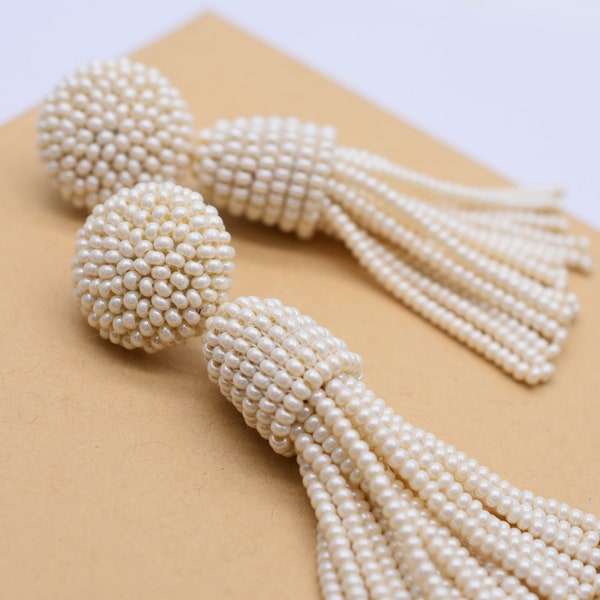 Pearl Earrings tassel-drop, Bead-embellished,  Long tassel earrings with sterling SILVER stud or CLIP ons, ALL length, wedding bridesmaid