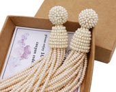 Pearl Earrings tassel-drop, Bead-embellished, Long tassel earrings with sterling SILVER stud or CLIP ons, ALL length, wedding bridesmaid