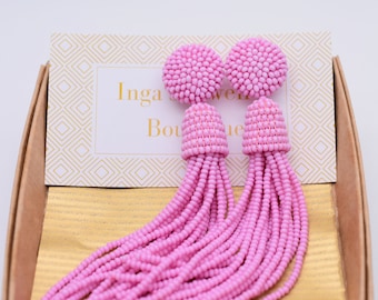 Taffy PINK Earrings bead tassel, ALL LENGHT, Clip on/ Studs, long earrings. Baby pink earrings. Dangle drop earrings Oscar la Renta style.