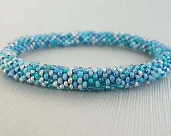 Aquamarine Bangle, turquoise blue Bracelet, Rollover bangle of beads mix. ALL SIZES. Handmade bangle, green blue bangle, small beads