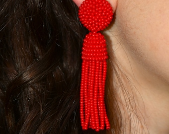 RED Earrings long tassel. choose LENGTH and FASTENING: Studs or Clip ons, Beaded earrings, Dangle drop earrings Oscar de la Renta style