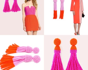 Pink Orange tassel Earrings, Bead tassel earrings Oscar de la Renta style / Choose your length / Dangle drop Sterling Silver Stud earrings