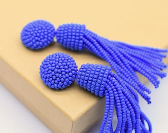 Blue tassel Earrings, Long earrings in Oscar de la Renta style, handmade blue jewelry, long earrings, Studs/ Clip ons blue beaded earrings
