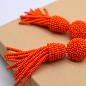 long Orange earrings, beaded tassel Earrings handmade, choose LENGTH and FASTENING: Studs or Clip ons. Dangle drop Oscar de la Renta style