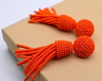 long Orange earrings, beaded tassel Earrings handmade, choose LENGTH and FASTENING: Studs or Clip ons. Dangle drop Oscar de la Renta style