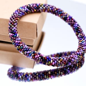 Violet Bangle on, purple bangle, purple beads mix bangle. ALL SIZES. Handmade beaded crochet bracelet, Nepal style  bangle, Small beads