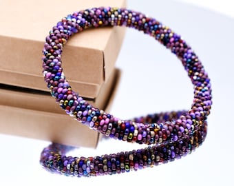 Violet Bangle on, purple bangle, purple beads mix bangle. ALL SIZES. Handmade beaded crochet bracelet, Nepal style  bangle, Small beads