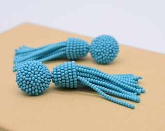 light Blue tassel Earrings Turquoise earrings, Teal, light blue, Baby blue long tassel, Clip on or STUDS fastening, ALL LENGHT, dangle drop