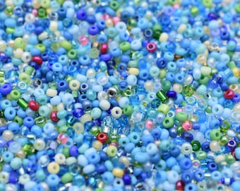 Blue Multicolor Beads, Blue Green mix beads, Blueysh multi colored seed beads mix 40 gr, round Czech seed beads Preciosa 10/0 size 2 mm