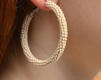 Hoop earrings, pearl ring beads, Handmade earrings of ivory beads, Beaded Big ring cream earrings, Big Pearl earrings, Massive earrings