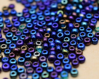 Blue Peacock beads mixture, Brass blue gold seed beads 40 gr. Round shine opaque rocaille Czech 10/0, Dark blue beads beading, oriental bead