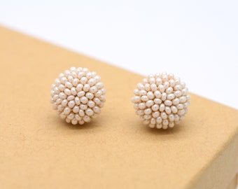 Pearl earrings small round studs Earrings  of small beads - classic simple earrings with Studs or CLIP ONs, Beaded pearl studs earrings