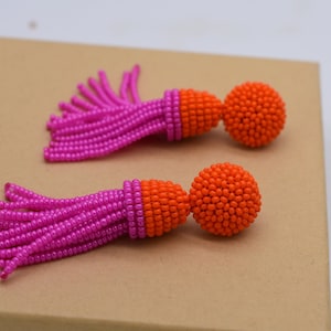 Pink Orange tassel Earrings, Beaded earrings Oscar de la Renta style, orange pink earrings, choose LENGTH and FASTENING: Studs or Clip ons