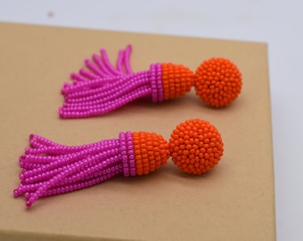 Pink Orange tassel Earrings, Beaded earrings Oscar de la Renta style, orange pink earrings, choose LENGTH and FASTENING: Studs or Clip ons