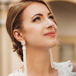 Bride Earrings tassel, Swarovski Crystal earrings, Oscar de la Renta style, sterling SILVER stud, ALL length, wedding jewelry cream ivory