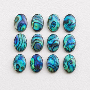 May include: Twelve oval-shaped abalone shell cabochons arranged in a grid. Each piece features a unique, iridescent pattern with swirling colors of deep blue, vibrant turquoise, and hints of green, all set against a dark, neutral backing.