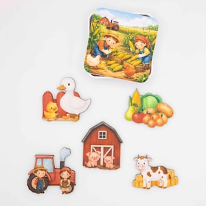 Farm Animal Fridge Magnets, Wood Magnet Set with Farmer, Cow, Pig and Vegetables, Handmade Kitchen Decor Gift, Made in Belgium image 1