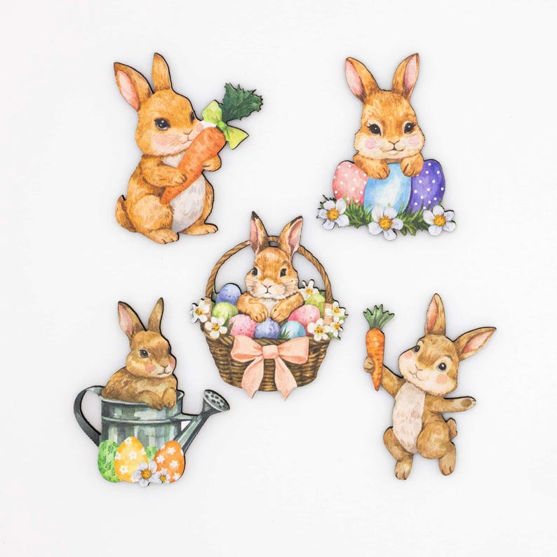 Easter Bunny Magnet Set - Wood Fridge Magnets with Eggs and Flowers - Handmade in Belgium by Flowz image 4