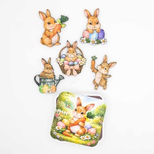 Easter Bunny Magnet Set - Wood Fridge Magnets with Eggs and Flowers - Handmade in Belgium by Flowz image 1