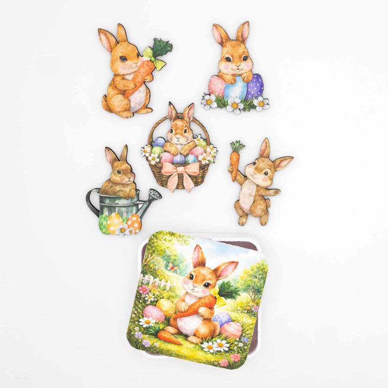 Easter Bunny Magnet Set - Wood Fridge Magnets with Eggs and Flowers - Handmade in Belgium by Flowz image 1