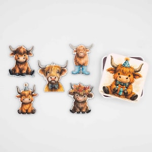 Highland Cow Fridge Magnets, Wood Magnet Set, Scottish Highlander Cattle Art, Farmhouse Decor, Handmade Gift from Belgium image 1