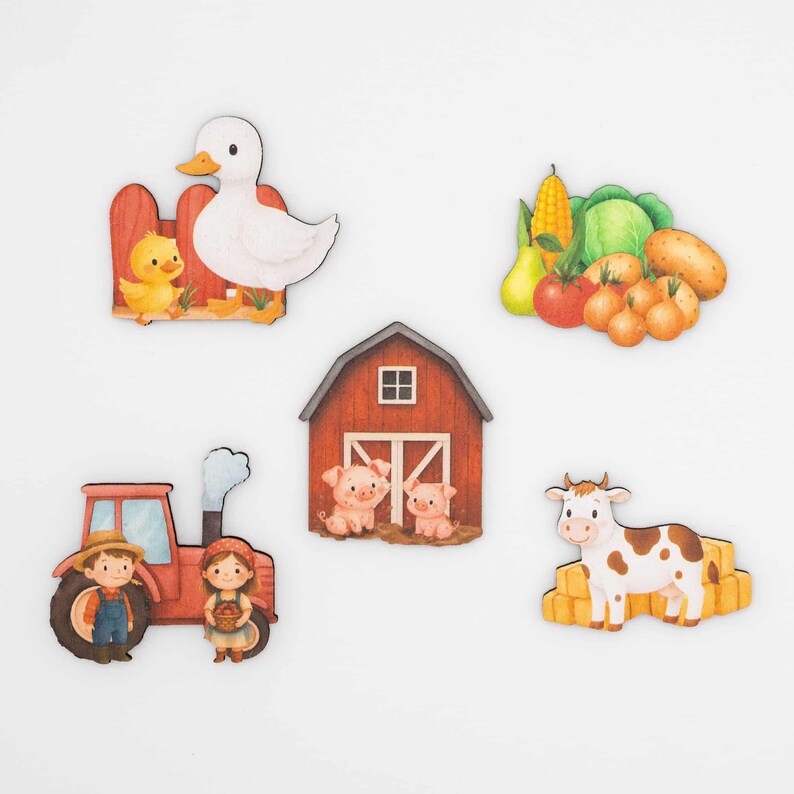 Farm Animal Fridge Magnets, Wood Magnet Set with Farmer, Cow, Pig and Vegetables, Handmade Kitchen Decor Gift, Made in Belgium image 4