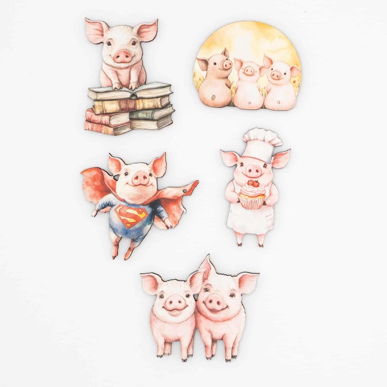 Pig Fridge Magnets Set - Wooden Kitchen Magnets - Playful Piglet Gift - Handmade in Belgium image 4