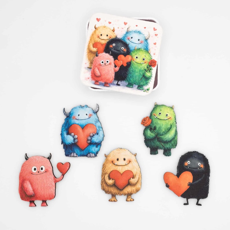 Heart Monster Fridge Magnets | Wood Magnet Set with Neodymium Magnets | Cute Kawaii Kitchen Decor | Handmade in Belgium by Flowz image 1