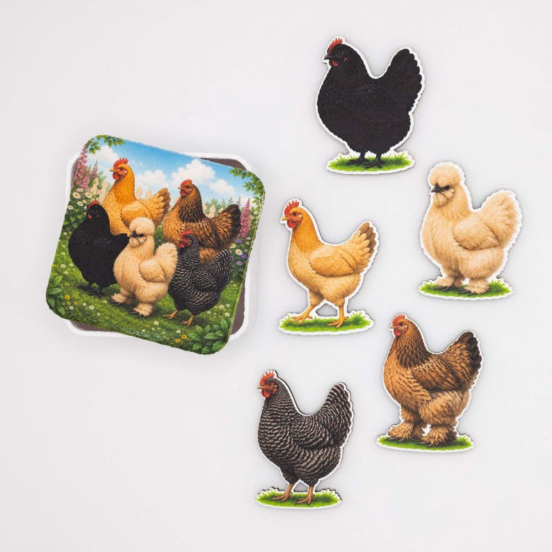 Chicken Breed Magnet Set | Silkie Brahma Hen Wood Fridge Magnets | Farmhouse Kitchen Decor | Poultry Lover Gift | Belgium Handmade image 1