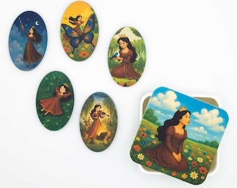 Conjunto de ímãs de geladeira da Princesa Mira - Ímãs de madeira com arte de conto de fadas, presente para crianças, fabricado na Bélgica.