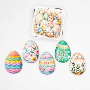 Easter Eggs Magnet Set - Wooden Fridge Magnets with Bunny and Chick, Pastel Spring Decor, Handmade in Belgium image 1