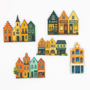 Juego de imanes para nevera con casas adosadas | Imanes coloridos de madera con escenas callejeras | Hechos a mano en Bélgica | Regalo de decoración para la cocina imagen 4