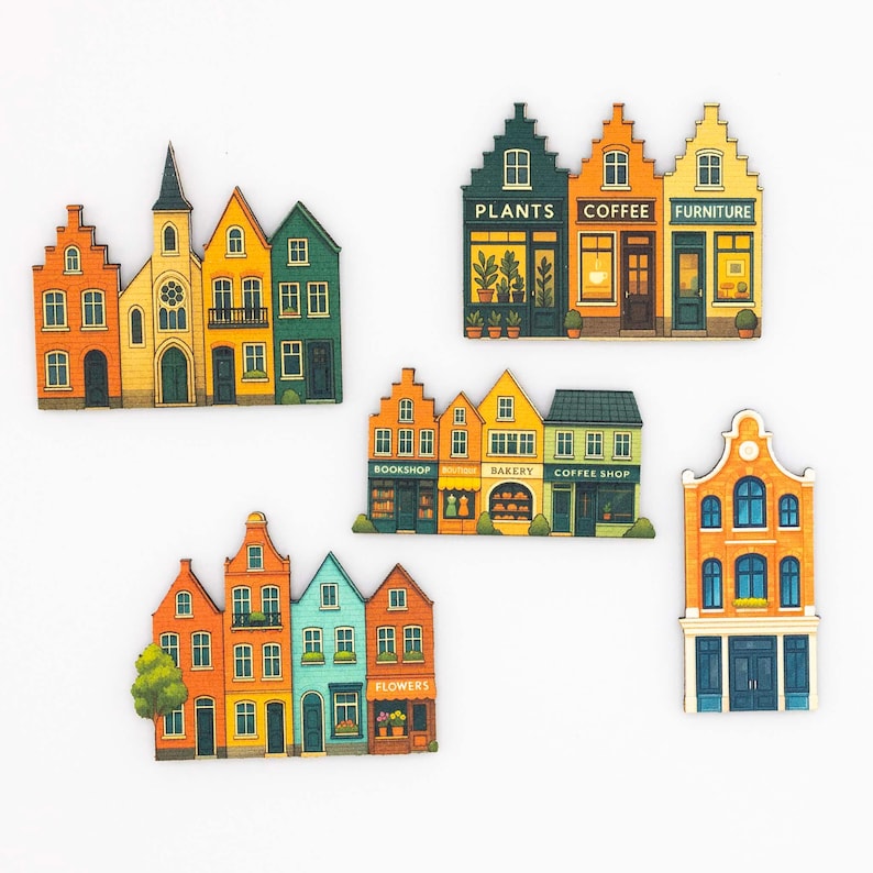 Juego de imanes para nevera con casas adosadas | Imanes coloridos de madera con escenas callejeras | Hechos a mano en Bélgica | Regalo de decoración para la cocina imagen 4