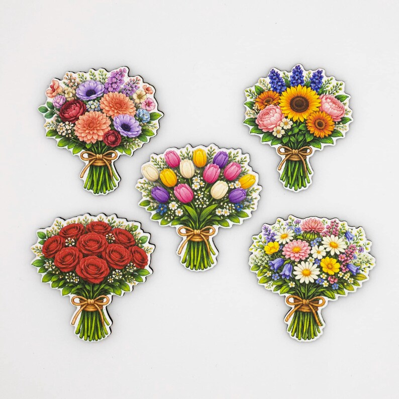 Flower Bouquet Fridge Magnet Set | Wood Magnets with Floral Print | Romantic Gift | Handmade in Belgium image 4