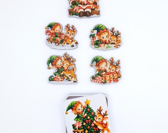 May include: A collection of five die-cut stickers and one square coaster featuring vintage-style illustrations of Santa Claus, elves, and reindeer. The designs include scenes of gift-giving, decorating a Christmas tree, and playing in the snow with red, green, and brown color palettes.
