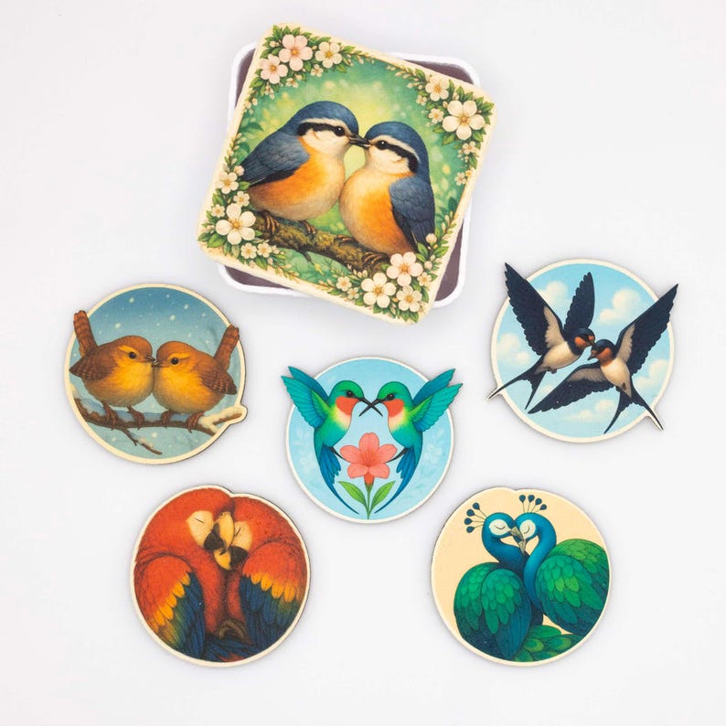 Lovebirds Fridge Magnet Set, Wooden Bird Magnets UV Printed on Linden Wood, Cute Animal Magnets, Belgium Handmade Gift image 1