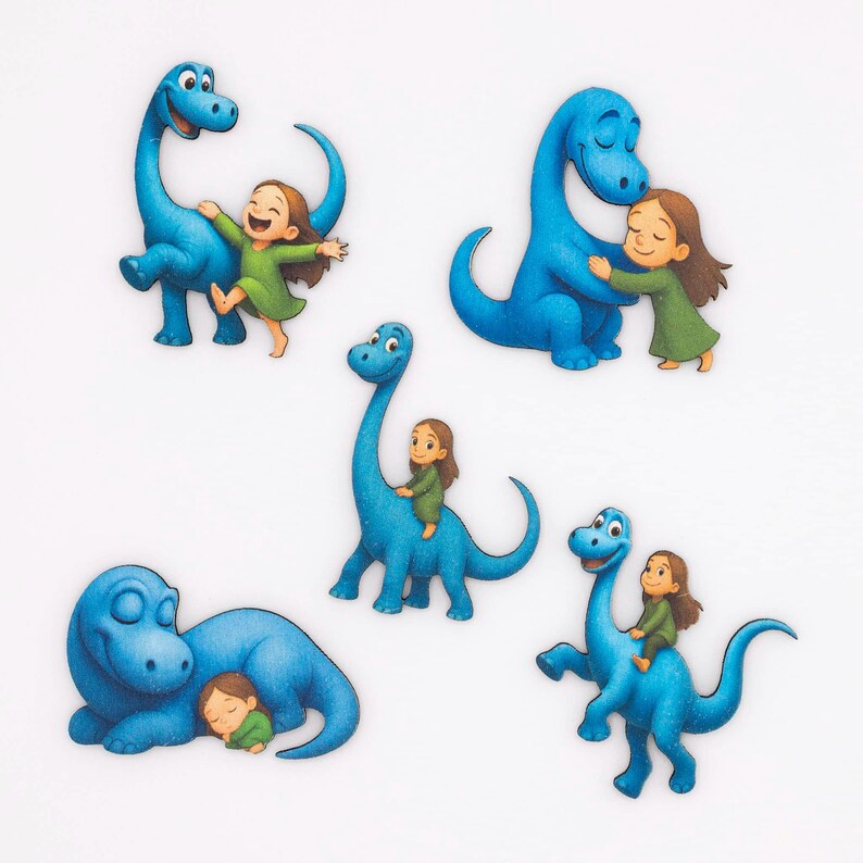 Blå dinosaurie- och flickamagnetset för kylskåp, trämagneter för barnrum, barnrumsdekoration, handgjorda i Belgien bild 4
