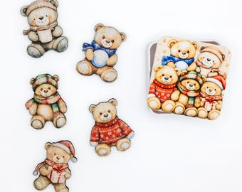 May include: A collection of five individual teddy bear die-cut stickers and one square tin featuring a group of teddy bears. The bears are illustrated in various winter outfits, including sweaters, scarves, and hats, with some holding mugs, gifts, or snowballs.