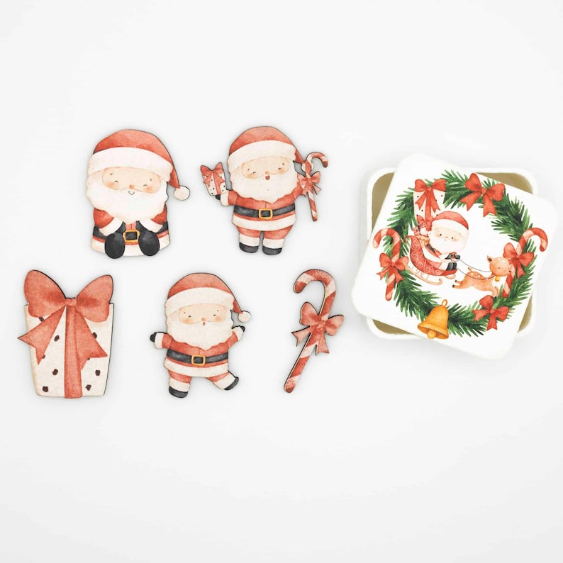 Santa Claus Wood Magnet Set | Christmas Fridge Magnets | Laser Cut Linden Wood | Wooden Holiday Decor | Flowz Belgium image 1