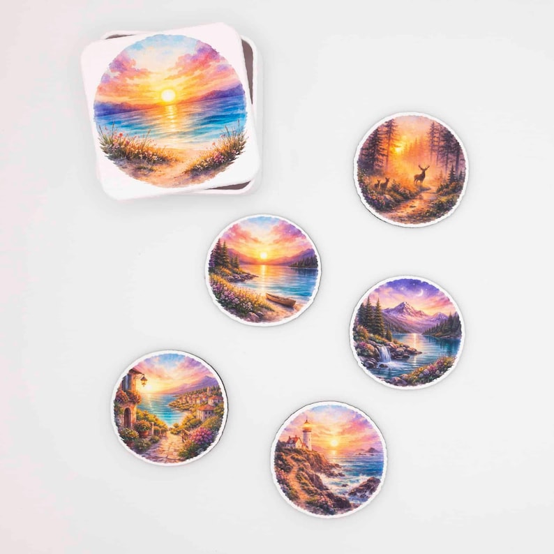 Sunset Fridge Magnet Set - Wood Landscape Magnets for Kitchen - Housewarming Gift - Handmade in Belgium image 1