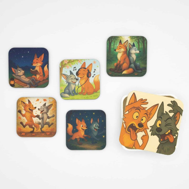 Fox Fridge Magnet Set, Wooden Magnets with Playful Foxes, Woodland Animal Kitchen Decor, Handmade in Belgium 画像 1